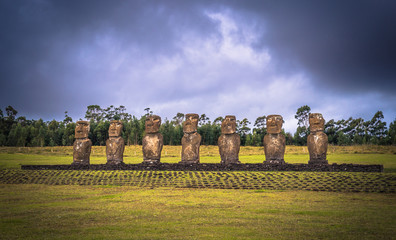 Ahu Akivi, Easter Island - July 11, 2017: Moai altar of Ahu Akivi