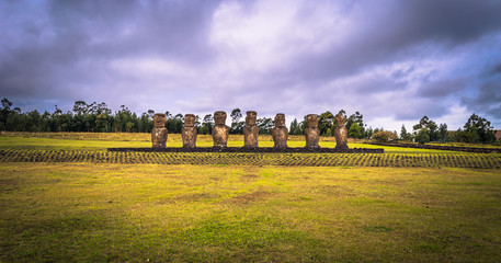 Ahu Akivi, Easter Island - July 11, 2017: Moai altar of Ahu Akivi