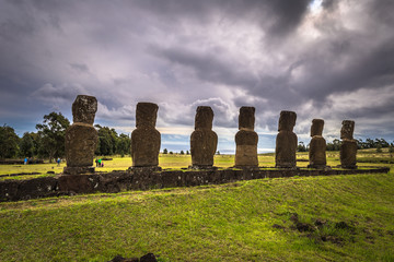 Ahu Akivi, Easter Island - July 11, 2017: Moai altar of Ahu Akivi
