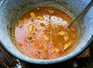 Stew pot outdoor goulash in it