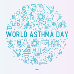 World asthma day concept with thin line icons: air pollution, smoking, respirator, therapist, inhaler, bronchi, allergy symptoms and allergens. Vector illustration for banner, web page, print media.