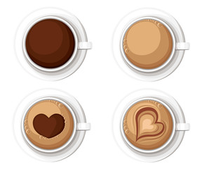 Realistic Coffee Cups with Americano Latte Espresso Macchiatto Mocha Cappuccino. Vector illustration Web site page and mobile app design vector element