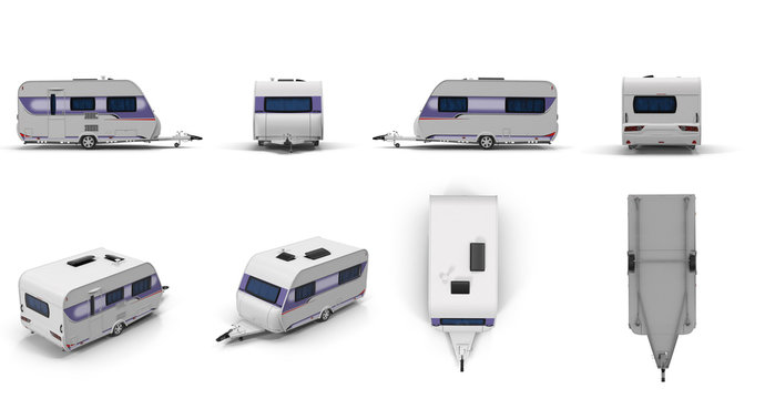Travel Trailer Caravan renders set from different angles on a white. 3D illustration