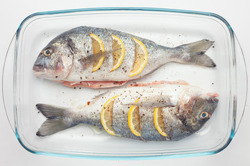 raw dorado raw fish with lemon and vegetables, tomatoes, onions, spices on a glass pan