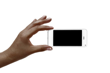 African woman's hand holds a white phone on a white background.