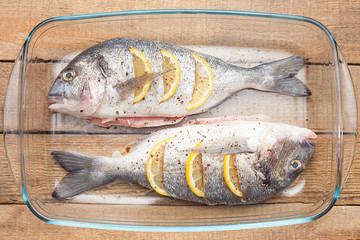 raw dorado raw fish with lemon and vegetables, tomatoes, onions, spices on a glass pan