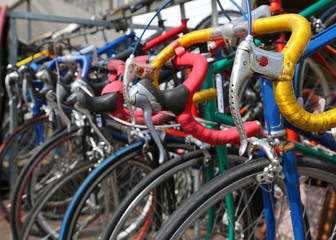 Fototapeta na wymiar used vintage racing bikes for sale in the flea market alfresco