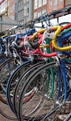 Fototapeta na wymiar used racing bikes for sale in the flea market outdoors