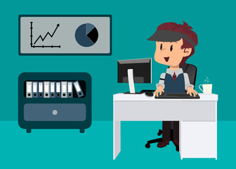 office worker doing end-of-month accounting, financial balance sheet with graphics