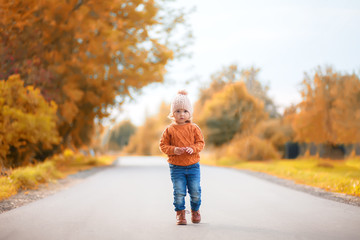 Adorable toddler girl walking in the park on beautiful autumn day
