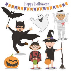 Funny kids in costumes celebrating Halloween on a white background.