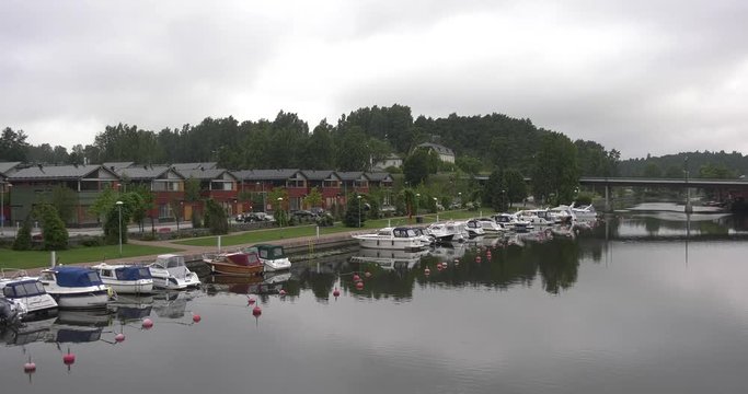 4K high quality video footage of medieval Porvoo old town on river Porvoonjoki, cathedral, river embankment, boats, old warehouses, area 50 km east of Helsinki, capital of Finland in northern Europe