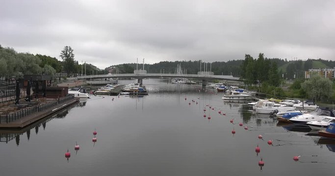 4K high quality video footage of medieval Porvoo old town on river Porvoonjoki, cathedral, river embankment, boats, old warehouses, area 50 km east of Helsinki, capital of Finland in northern Europe