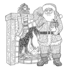 Santa Claus and the Christmas fireplace with gifts. Happy Christmas and New Year coloring book page for adults. Vector illustration.