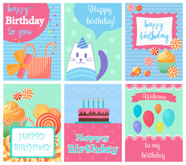 Happy Birthday Collection set of invitation cards greeting templates, to the party. Vector banners with confetti, cat, cake, balloons, candy and gifts.