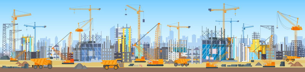 Wide head banner of city skyline construction process. Tower cranes on construction site. Buildings under construction.