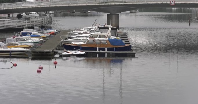 4K high quality video footage of medieval Porvoo old town on river Porvoonjoki, cathedral, river embankment, boats, old warehouses, area 50 km east of Helsinki, capital of Finland in northern Europe