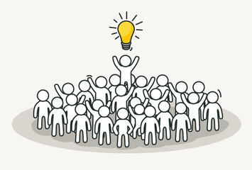 Little white people with creative leader. Creative idea, inspiration concept. Hand drawn cartoon or sketch design.