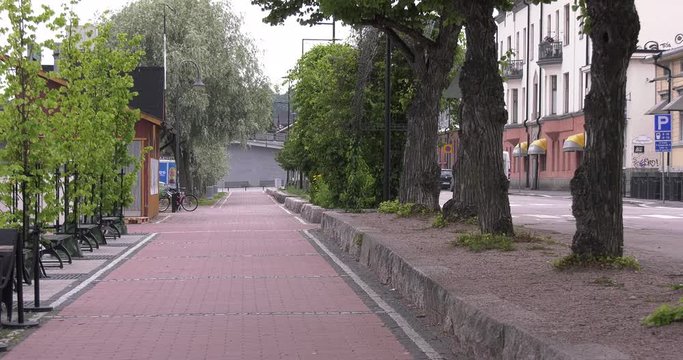 4K high quality video footage of medieval Porvoo old town on river Porvoonjoki, cathedral, river embankment, boats, old warehouses, area 50 km east of Helsinki, capital of Finland in northern Europe