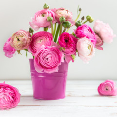 Pink Ranunculus Buttercup Flowers in Pink Pot on Light Backgroun