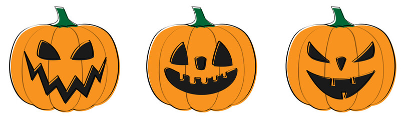 Set of funny and scary hand drawn pumpkins. Vector.