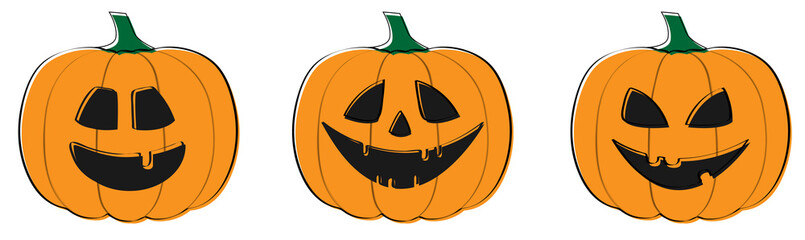 Set of funny and scary hand drawn pumpkins. Vector.