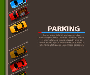 City parking vector web banner. Shortage parking spaces. Many cars in a crowded parking. Parking zone.