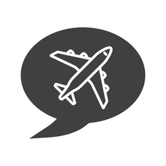 Chat box with airplane takeoff inside glyph icon