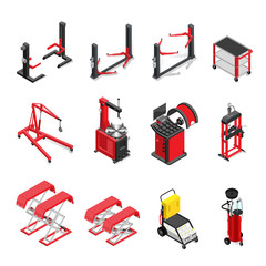 autoservice equipment set, lifts and mechanisms for work in a body shop. isometric style