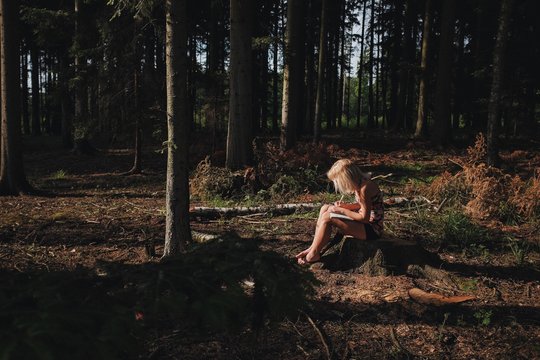 Woman Sitting On Tree Stump And Drawing