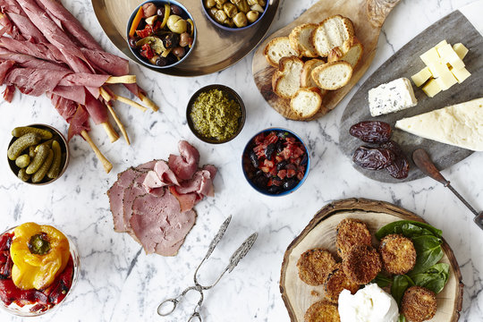 Varieties of tapas on marble table