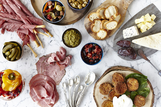 Varieties of tapas on marble table
