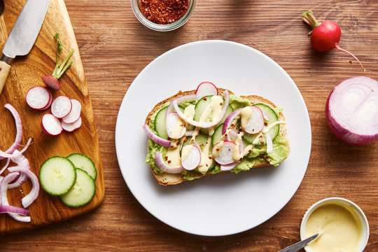 Avocado toast with onion,mustard and raddish