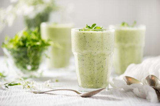 Cold Summer Cucumber Yogurt Soup with Micro-Greens