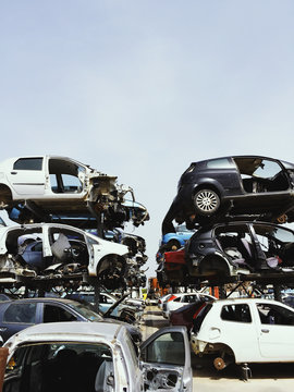 Stacked crushed cars