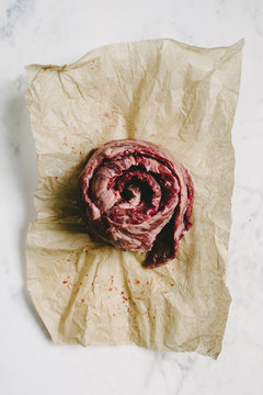 Freshly butchered skirt steak roll