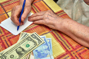 An elderly woman writes down expenses in notepad