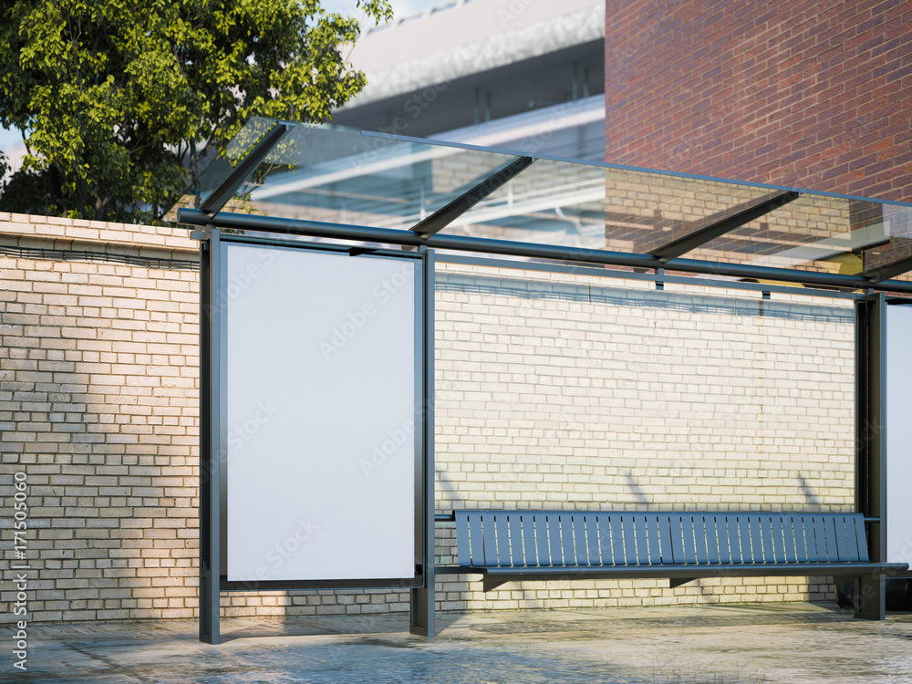 Poster mockup of blank banner on a bus stop in modern city. 3d rendering