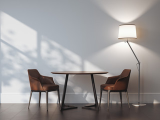 Two chairs and table in modern interior. 3d rendering