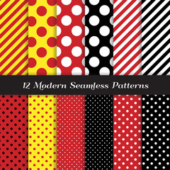 Polka Dots and Diagonal Stripes Seamless Vector Patterns in Red, Black, White and Yellow. Perfect for kids Pirate birthday party background. Pattern Tile Swatches Included. - 171506459