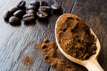 instant espresso powder in wooden spoon.