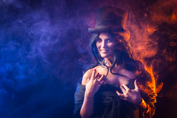 Halloween. The girl is in the smoke.