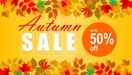 Illustration of Autumn Sale Fashionable Banner Template with Colorful Fall Leaves on bright trendy orange background. Shopping Discount promotion. Poster, card, flyer, label trendy design.