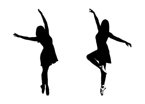 two silhouettes of ballet dancers on white background, ballerina jetes