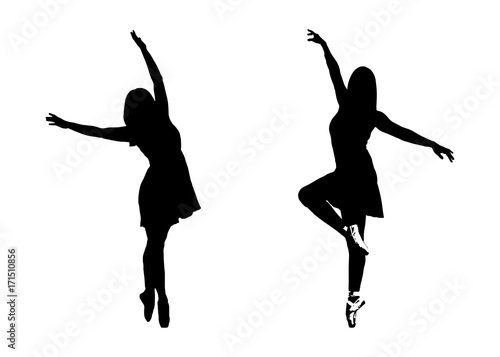 "two silhouettes of ballet dancers on white background, ballerina jetes