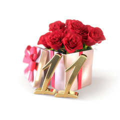 birthday concept with red roses in gift isolated on white background. eleventh. 11th. 3D render