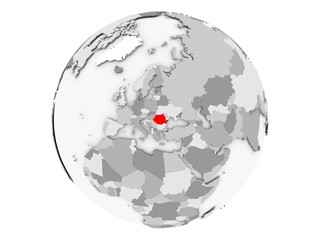 Romania on grey globe isolated
