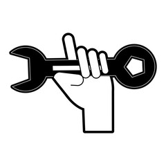 hand holding wrench spanner tool icon image vector illustration design  black and white