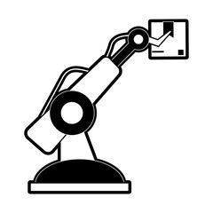 factory robot arm with cardboard box industry icon image vector illustration design  black and white