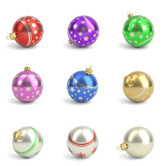 Collection of colorful christmas balls. White isolated. 3D render